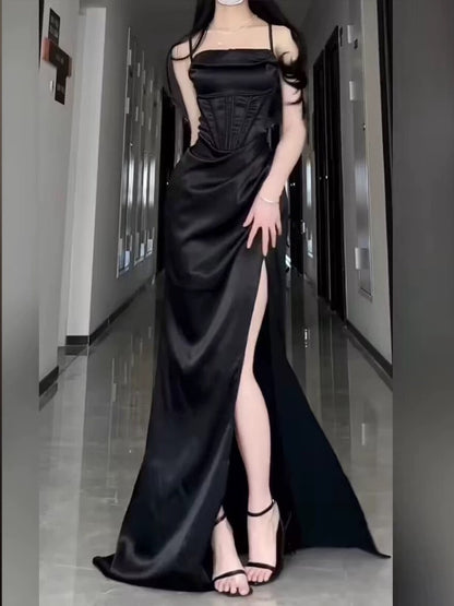 Sexy Sheath Spaghetti Straps Black Floor Length Prom Dress Formal Dresses With Slit C2293