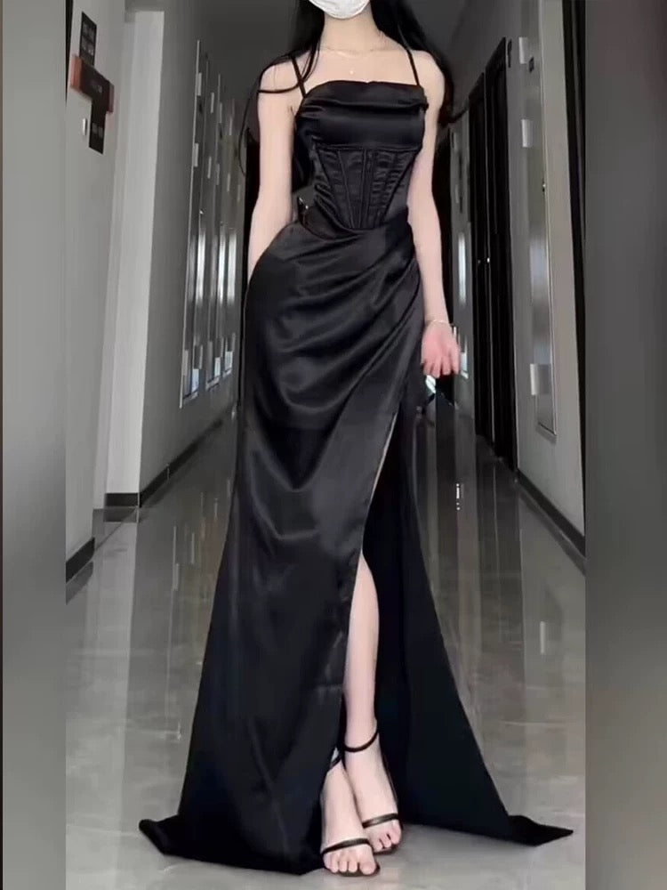 Sexy Sheath Spaghetti Straps Black Floor Length Prom Dress Formal Dresses With Slit C2293