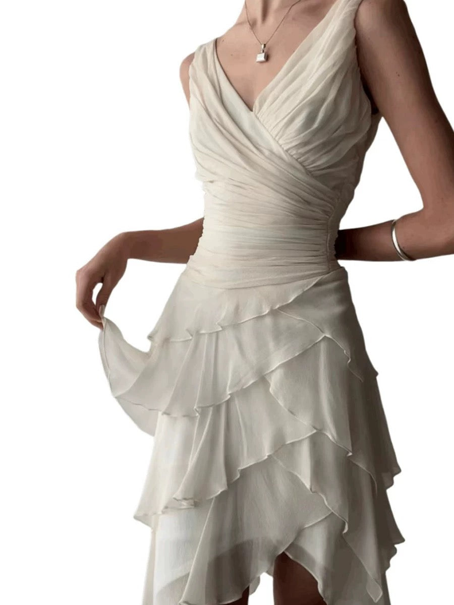 Sexy High Low V Neckline Chiffon Ivory Prom Dress Formal Dresses C2297