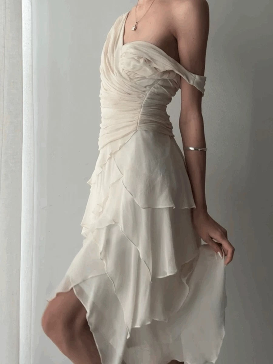 Sexy High Low V Neckline Chiffon Ivory Prom Dress Formal Dresses C2297