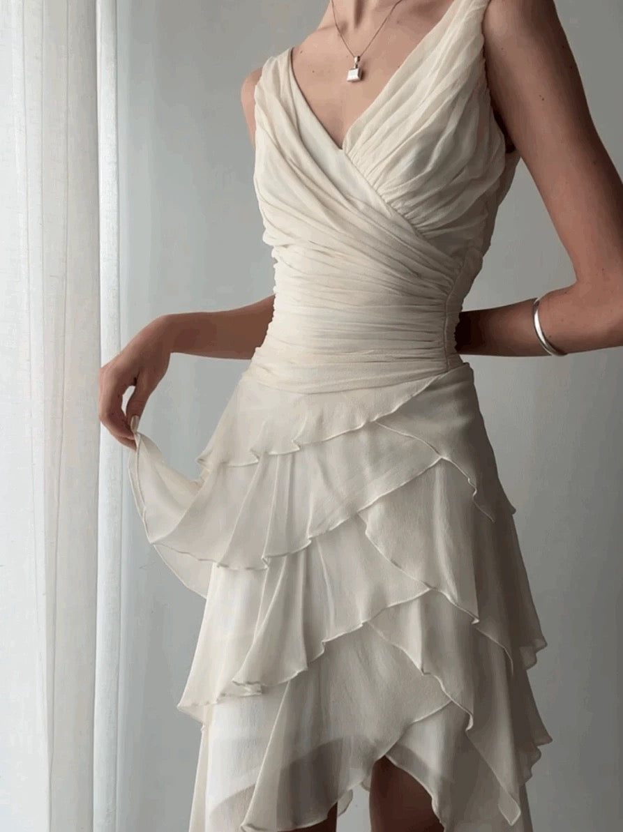 Sexy High Low V Neckline Chiffon Ivory Prom Dress Formal Dresses C2297