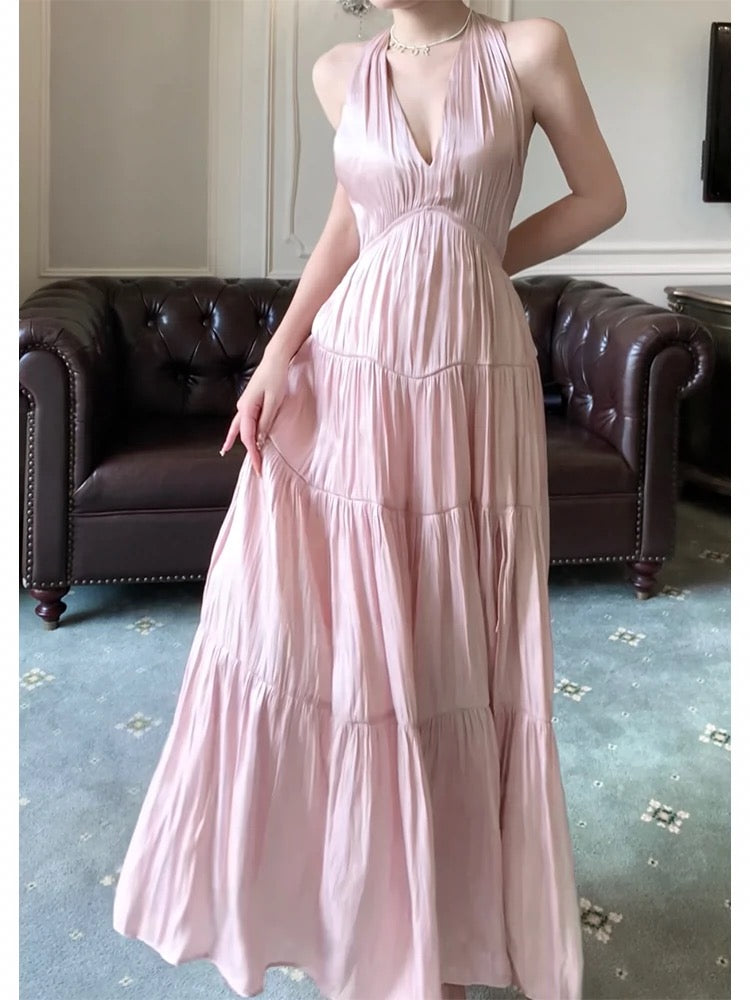 Robe de bal sexy en mousseline de soie rose à décolleté en V et dos nu C2298