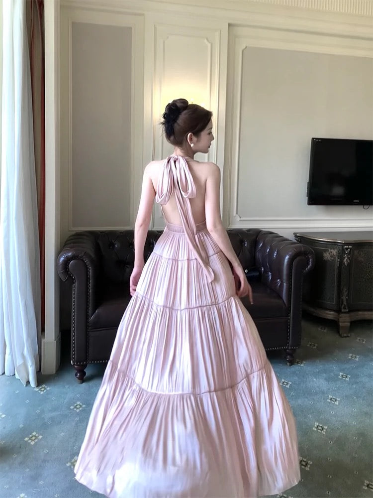 Robe de bal sexy en mousseline de soie rose à décolleté en V et dos nu C2298