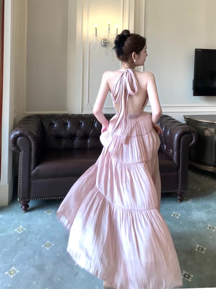 Robe de bal sexy en mousseline de soie rose à décolleté en V et dos nu C2298