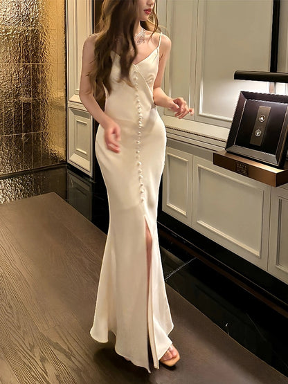 Simple Sheath Spaghetti Straps Ivory Silk Satin Long Slit Prom Dress Formal Dresses With Bottons C2300