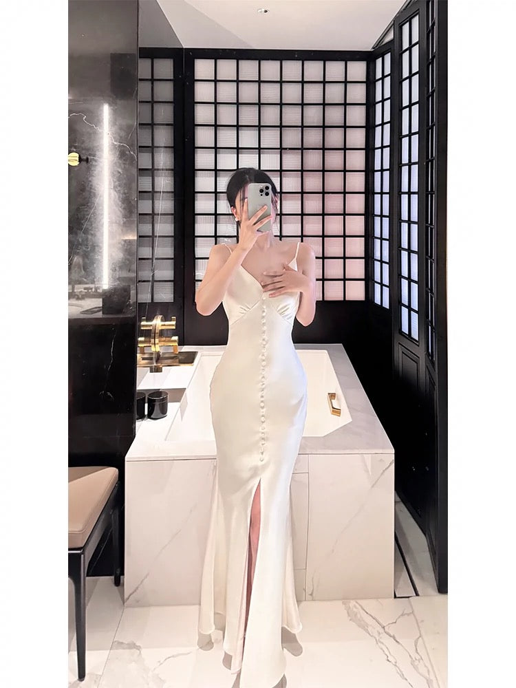 Simple Sheath Spaghetti Straps Ivory Silk Satin Long Slit Prom Dress Formal Dresses With Bottons C2300