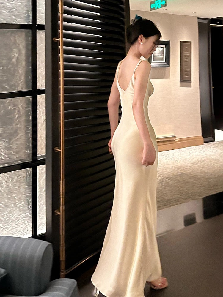 Simple Sheath Spaghetti Straps Ivory Silk Satin Long Slit Prom Dress Formal Dresses With Bottons C2300