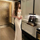 Simple Sheath Spaghetti Straps Ivory Silk Satin Long Slit Prom Dress Formal Dresses With Bottons C2300