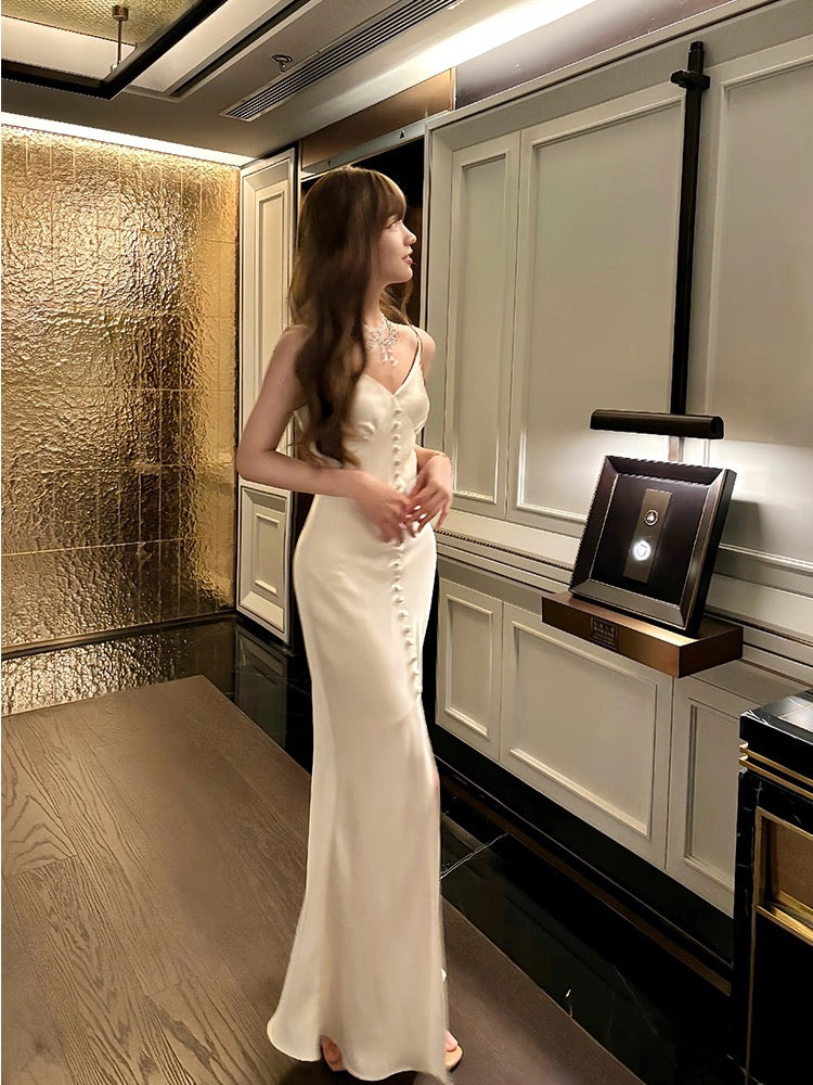 Simple Sheath Spaghetti Straps Ivory Silk Satin Long Slit Prom Dress Formal Dresses With Bottons C2300