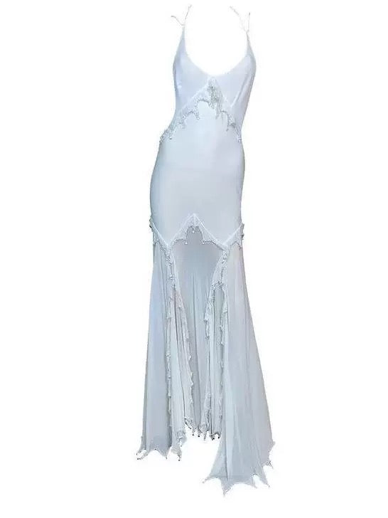 Robe de bal longue bleu ciel clair à bretelles spaghetti et gaine simple avec perles C2301