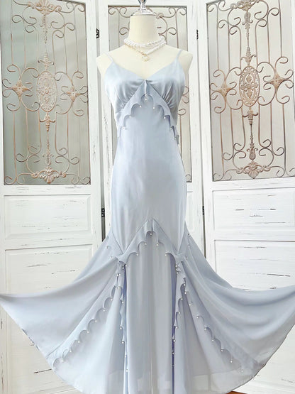 Robe de bal longue bleu ciel clair à bretelles spaghetti et gaine simple avec perles C2301