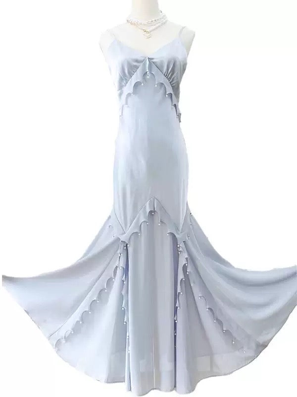 Robe de bal longue bleu ciel clair à bretelles spaghetti et gaine simple avec perles C2301