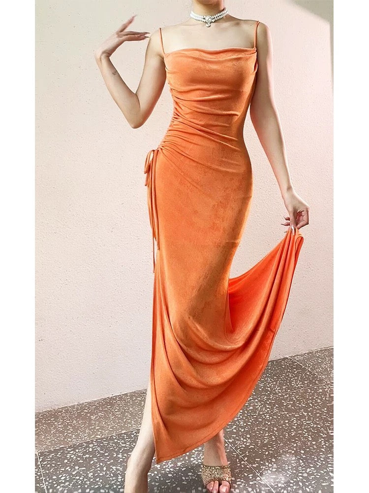 Modest Sheath Spaghetti Straps Velvet Long Organge Prom Dress Evening Dresses C2305