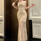 Modest Sheath Spaghetti Straps Sequin Long Champagne Prom Dress Evening Dresses C2306