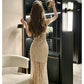 Modest Sheath Spaghetti Straps Sequin Long Champagne Prom Dress Evening Dresses C2306