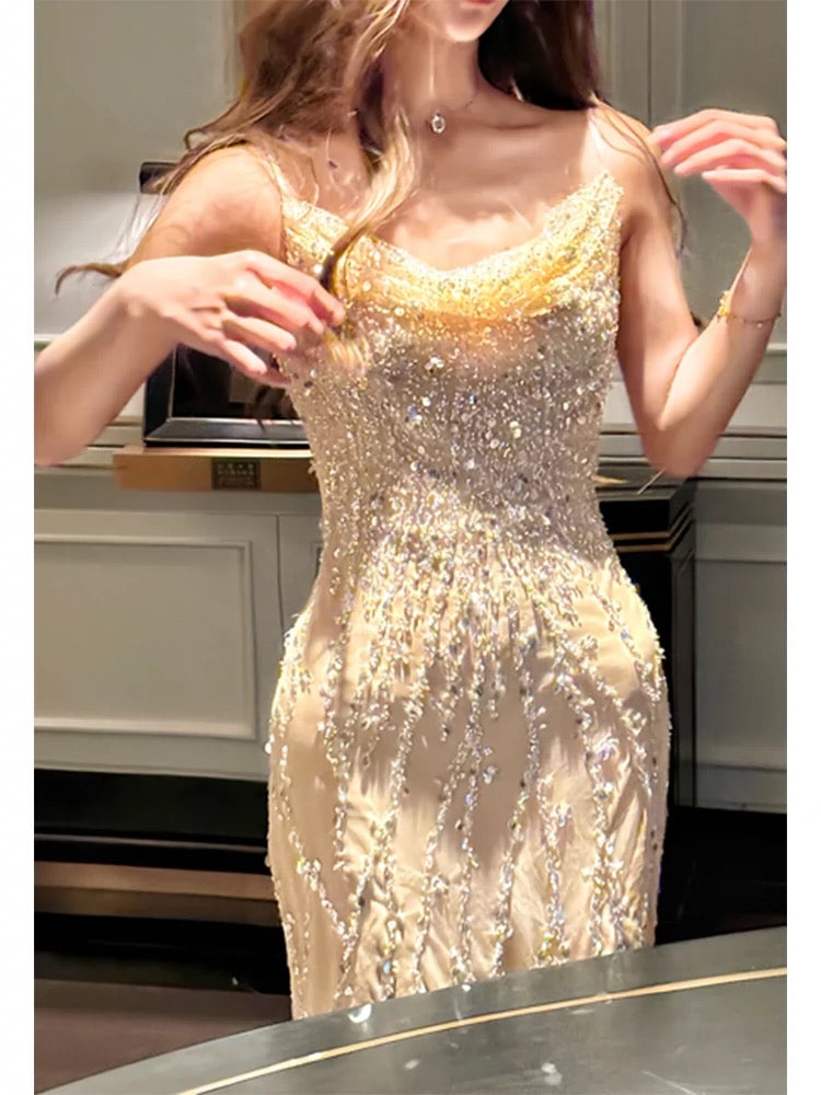 Robe de soirée longue à bretelles spaghetti et paillettes, style fourreau modeste, couleur champagne, C2306