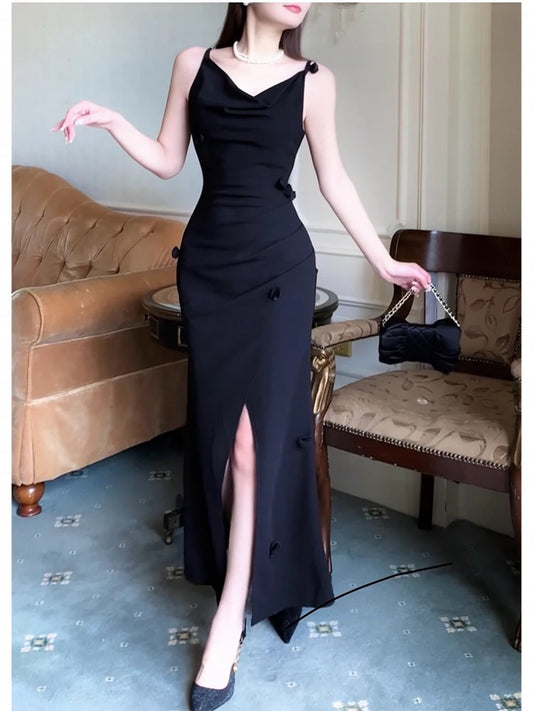 Modest Sheath Spaghetti Straps Long Black Slit Prom Dress Evening Dresses C2309