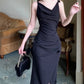 Modest Sheath Spaghetti Straps Long Black Slit Prom Dress Evening Dresses C2309