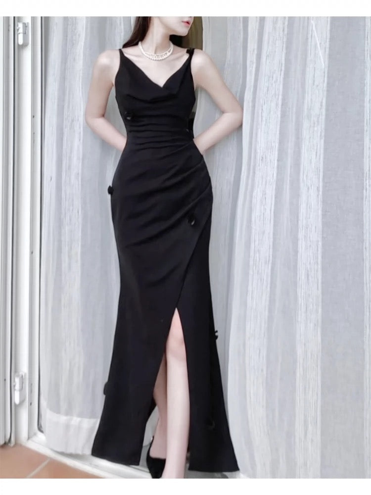 Modest Sheath Spaghetti Straps Long Black Slit Prom Dress Evening Dresses C2309