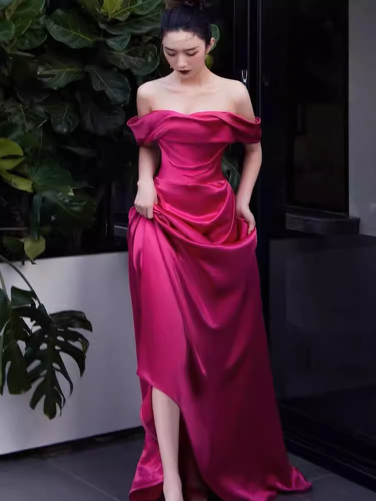 Robe de bal longue rose en Satin, Sexy, épaules dénudées, tenue d'anniversaire, C230