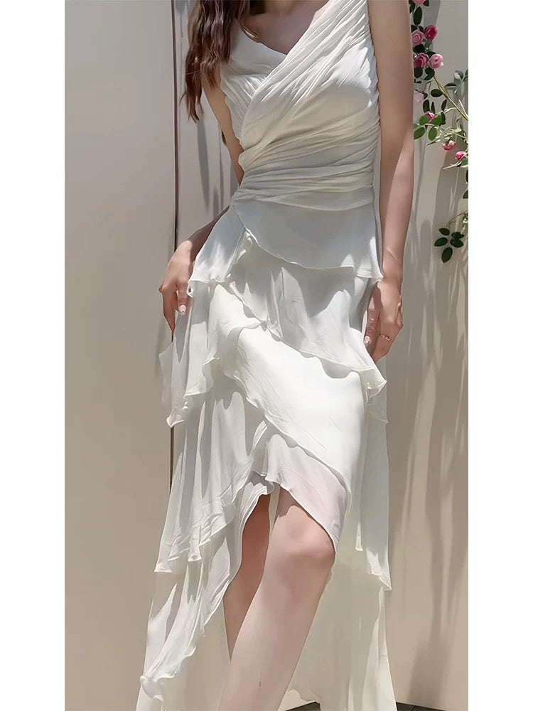 Modest High Low Spaghetti Straps White Chiffon Prom Dress Evening Dresses C2311