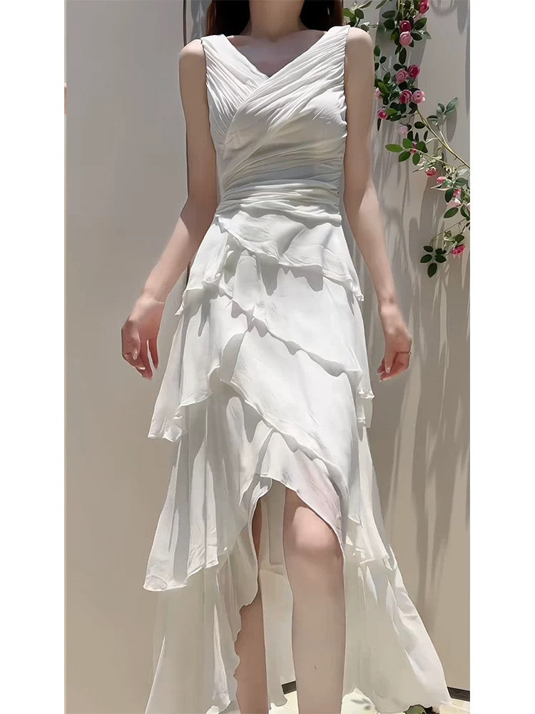 Robe de soirée modeste en mousseline de soie blanche à bretelles spaghetti hautes et basses C2311