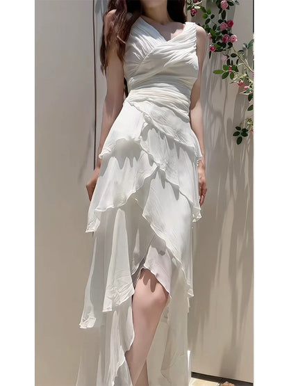 Modest High Low Spaghetti Straps White Chiffon Prom Dress Evening Dresses C2311