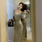 Modest Sheath V Neckline Long Sleeves Sequin Slit Prom Dress Evening Dresses C2314