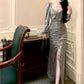 Modest Sheath V Neckline Long Sleeves Sequin Slit Prom Dress Evening Dresses C2314