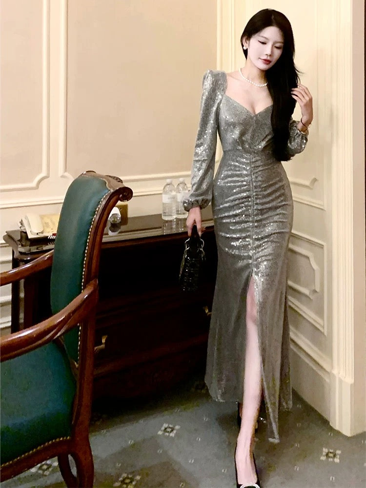 Modest Sheath V Neckline Long Sleeves Sequin Slit Prom Dress Evening Dresses C2314