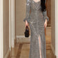 Modest Sheath V Neckline Long Sleeves Sequin Slit Prom Dress Evening Dresses C2314