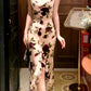 Simple Sheath Spaghetti Straps Floral Long Prom Dresses Evening Dress With Ruffles C2316