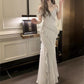 Modest Sheath Spaghetti Straps Chiffon Long Prom Dresses Evening Dress With Ruffles C2317