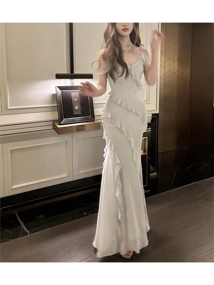 Modest Sheath Spaghetti Straps Chiffon Long Prom Dresses Evening Dress With Ruffles C2317