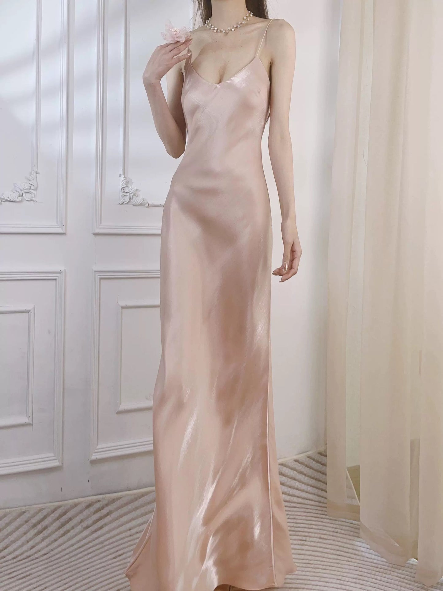 Modest Sheath Spaghetti Straps Pink Long Prom Dresses Evening Dress C2319