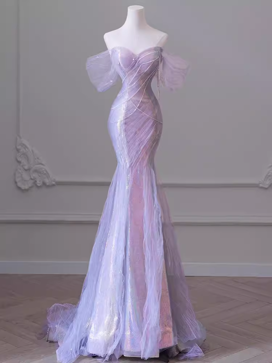 Sexy sirène hors de l'épaule lilas longues robes de bal Tulle tenues d'anniversaire C232