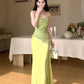 Modest Sheath Spaghetti Straps Green Long Prom Dresses Evening Dress With Ruffles C2321