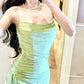 Modest Sheath Spaghetti Straps Green Long Prom Dresses Evening Dress With Ruffles C2321