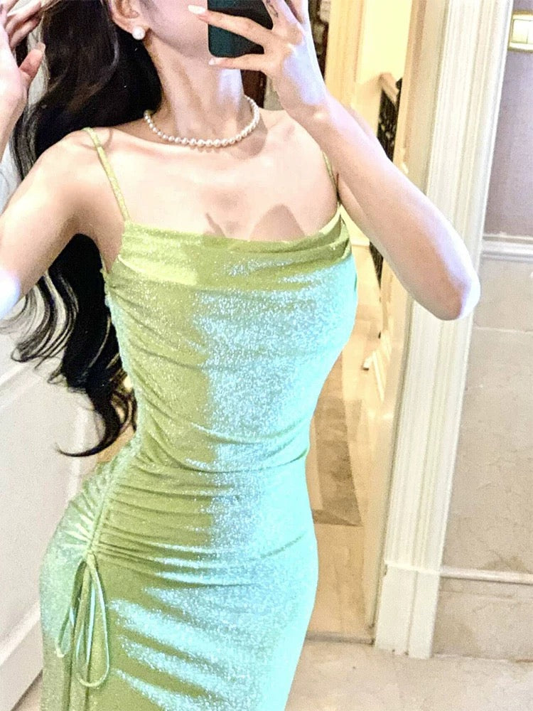 Modest Sheath Spaghetti Straps Green Long Prom Dresses Evening Dress With Ruffles C2321