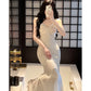 Modest Sheath Spaghetti Straps Ivory Long Prom Dresses Evening Dress With Ruffles C2323