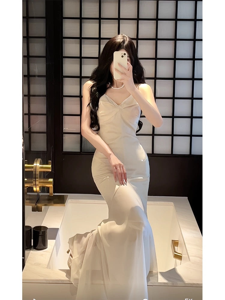 Modest Sheath Spaghetti Straps Ivory Long Prom Dresses Evening Dress With Ruffles C2323