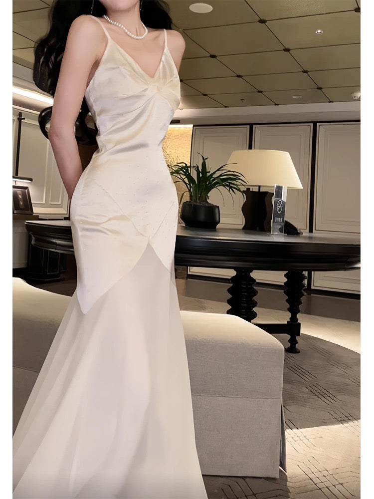 Modest Sheath Spaghetti Straps Ivory Long Prom Dresses Evening Dress With Ruffles C2323