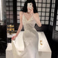 Modest Sheath Spaghetti Straps Ivory Long Prom Dresses Evening Dress With Ruffles C2323