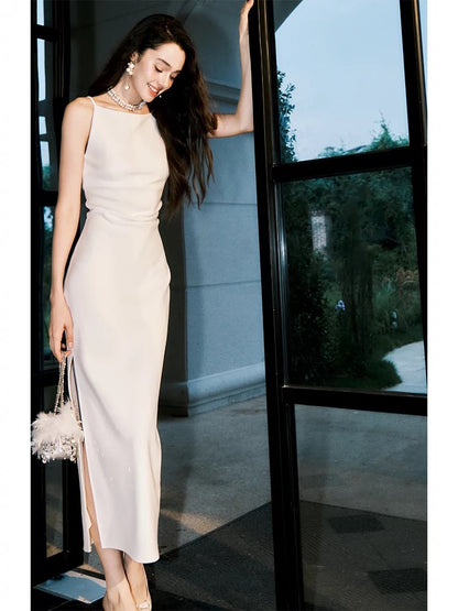 Modest Sheath Straps Ivory Long Prom Dresses Ankle Length Evening Dress C2322