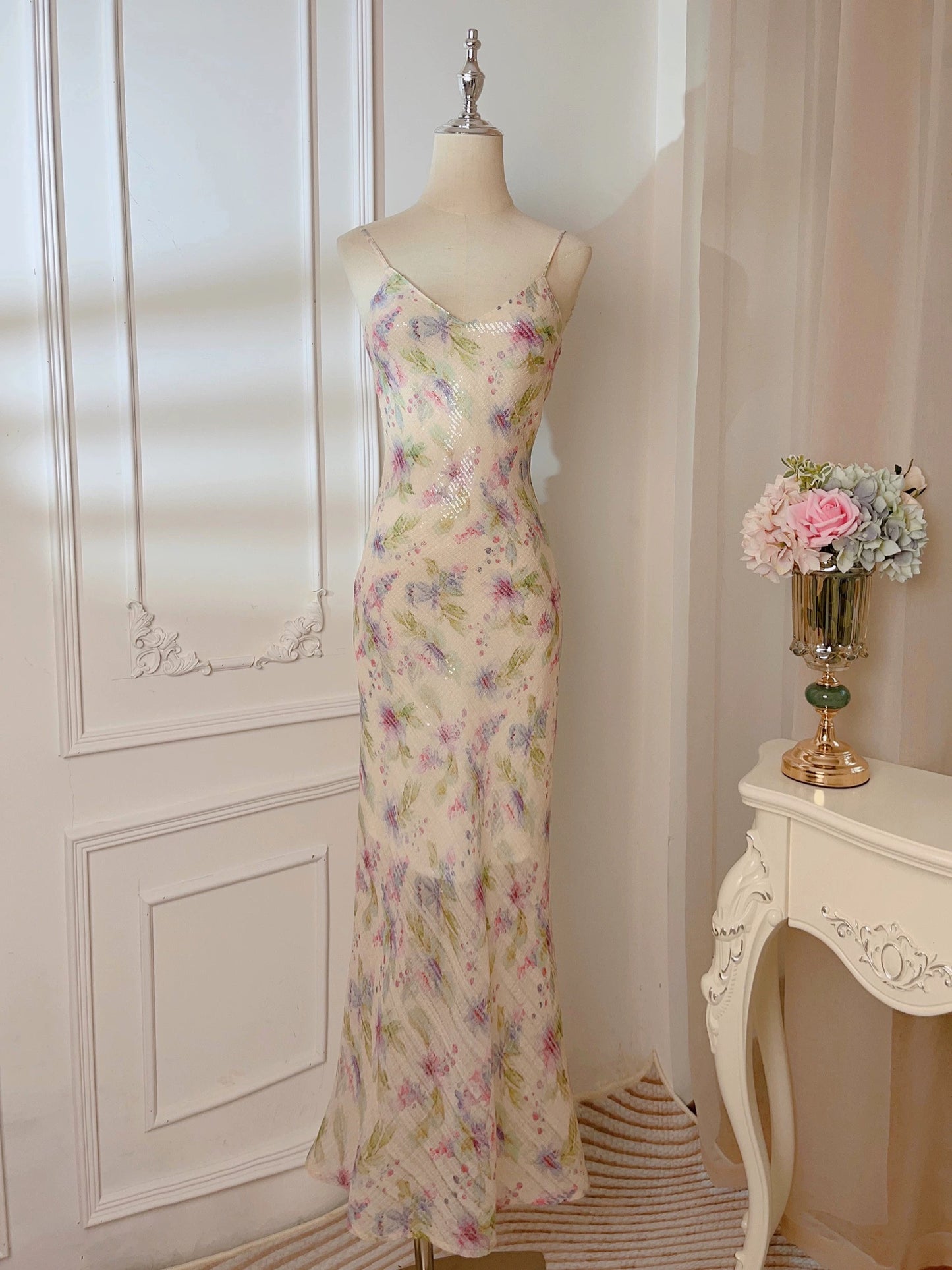 Modest Sheath Spaghetti Straps Lilac Floral Long Prom Dresses Evening Dress C2325