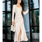 Modest Sheath Square Neckline White Long Prom Dresses Slit Evening Dress C2327