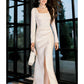 Modest Sheath Square Neckline White Long Prom Dresses Slit Evening Dress C2327