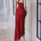 Modest Sheath Spaghetti Straps Red Chiffon Prom Dresses Ruffles Evening Dress C2328