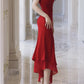 Modest Sheath Spaghetti Straps Red Chiffon Prom Dresses Ruffles Evening Dress C2328