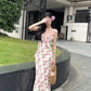 Modest Sheath Spaghetti Straps Pink Floral Chiffon Prom Dresses Ruffles Evening Dress C2329